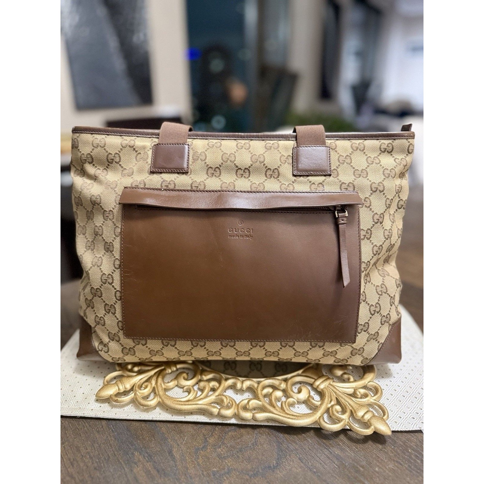 Gucci Gg Monogram Canvas Tote Bag Brown Leather Trim Large Pocket Shoulder Bag